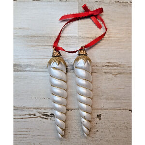 Vintage Plastic Gold Glitter Pearlescent Swirl Dual Icicle Christmas Ornament 5"